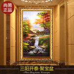 玄关油画风景装饰画竖版单幅走廊手绘壁画油画聚宝盆
