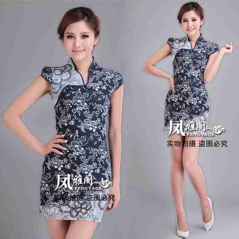 身气质高雅花朵立领短袖旗