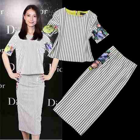 手工缝制花朵贴布条纹短袖上衣+高腰裙半身裙