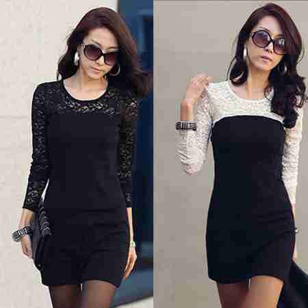 花朵拼接长袖修身