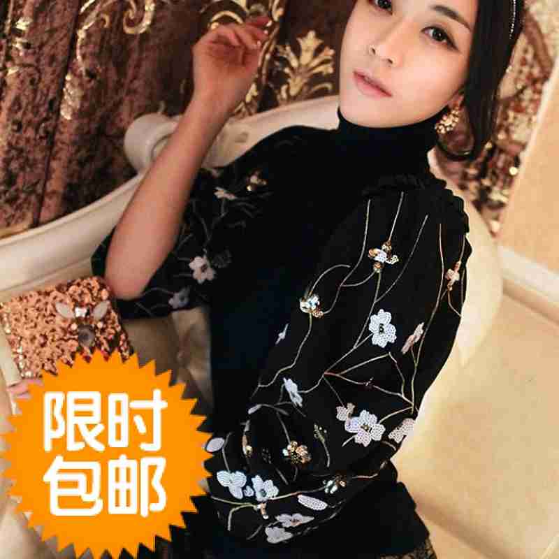 秋菁菁秀黑色高领花朵雕花泡泡袖亮片针织衫时尚