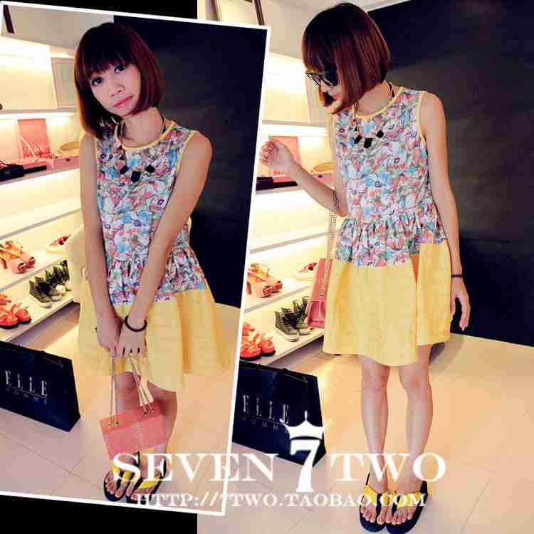 甜美淑女印花碎花朵层层黄色拼接