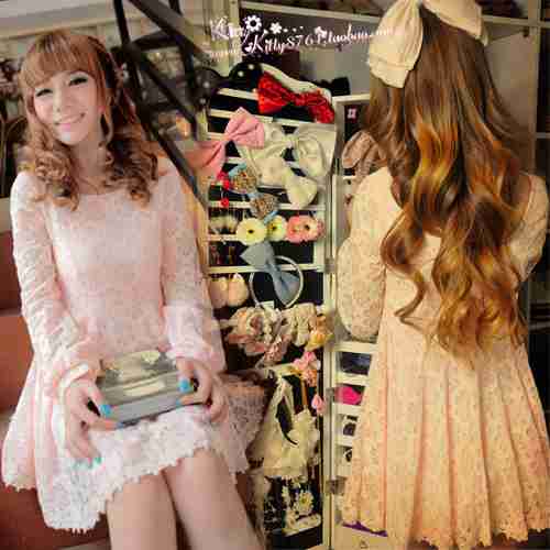 shop店主秀全蕾丝花朵粉嫩嫩大摆修身甜美