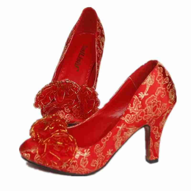 袍结婚鞋粗跟大花朵单鞋