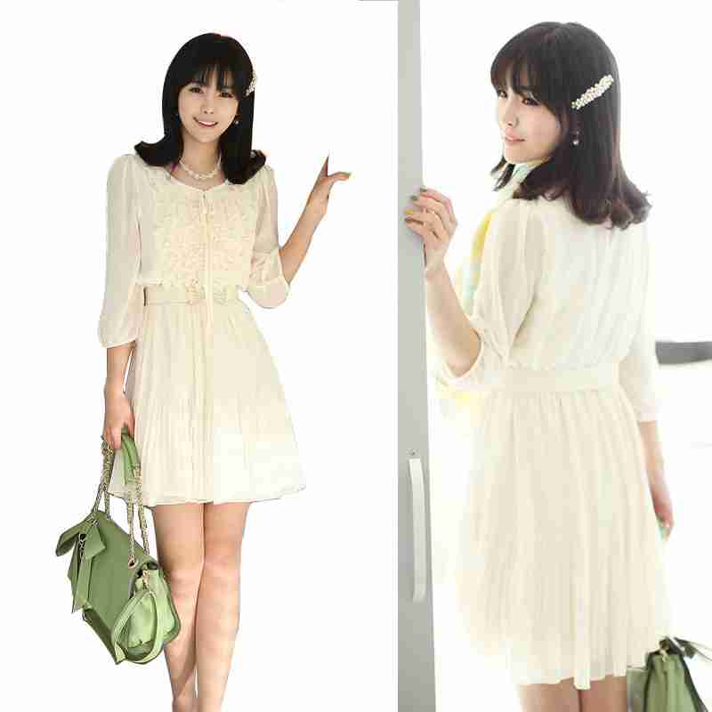 夏装淑女雪纺褶皱花朵连衣裙子
