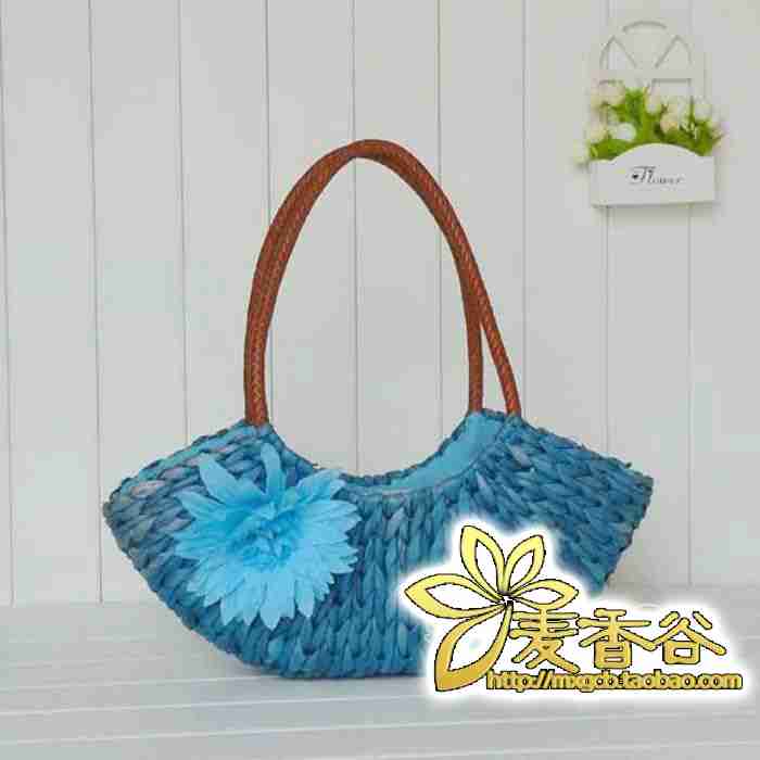 花朵单肩包编织包船型草包