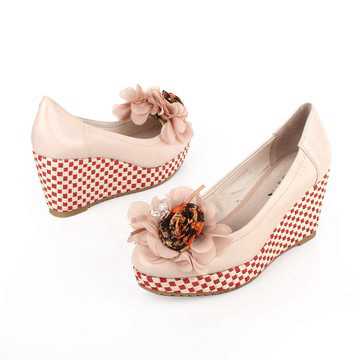 羊皮女单鞋厚底坡跟花朵真皮