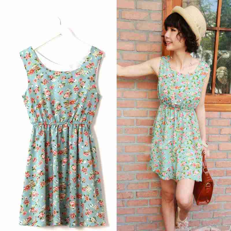 花朵收腰无袖背心雪纺连衣裙