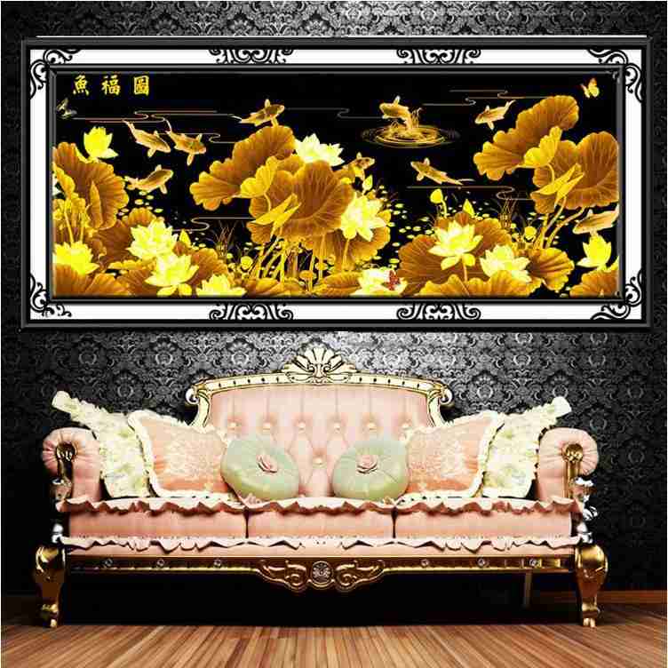 丝线精准印花金色荷花九鱼聚财