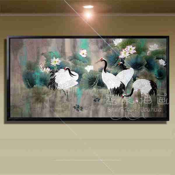 手绘新中式荷花工笔画客厅书房装饰画