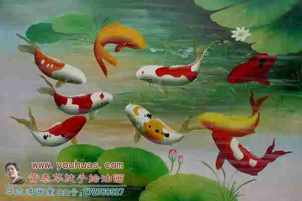 有框画餐厅装饰画荷花金鱼