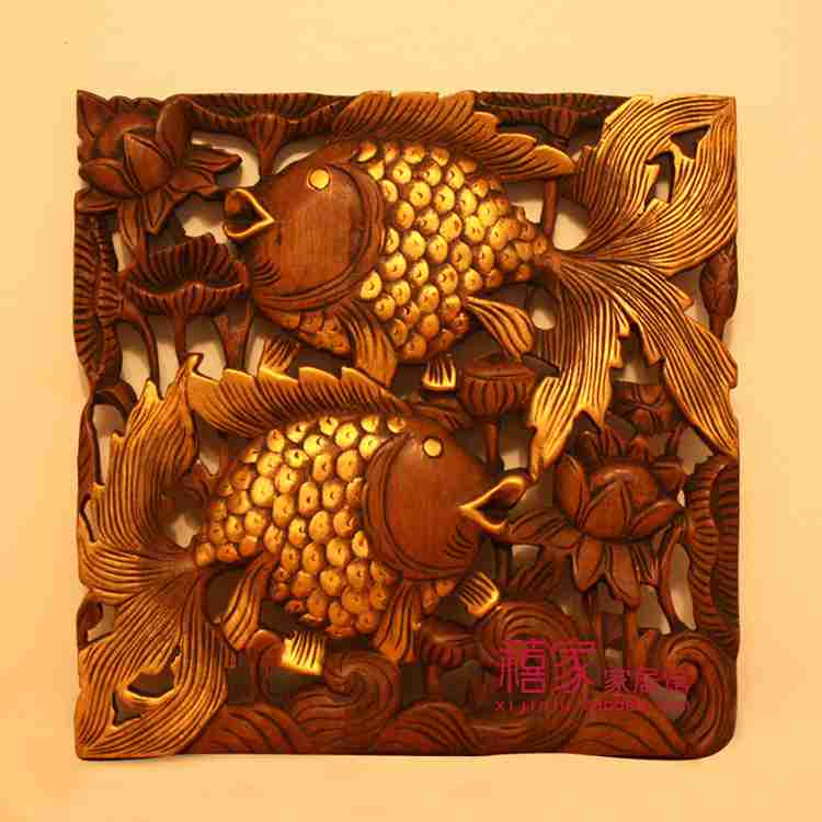 泰国柚木雕画荷花金鱼连年有余镂空雕花板方形cm