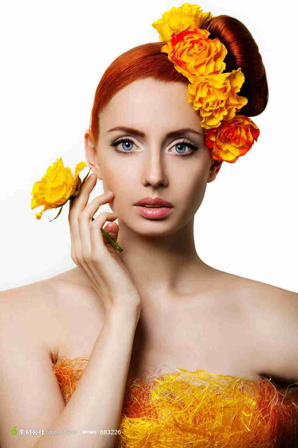 手拿鲜花戴花的外国美女