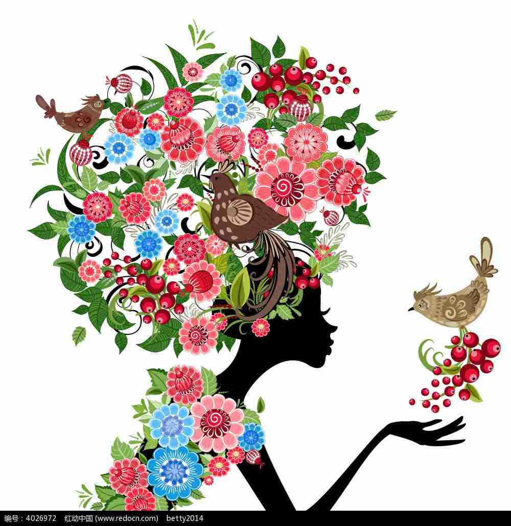 绚丽花卉美女剪影矢量图