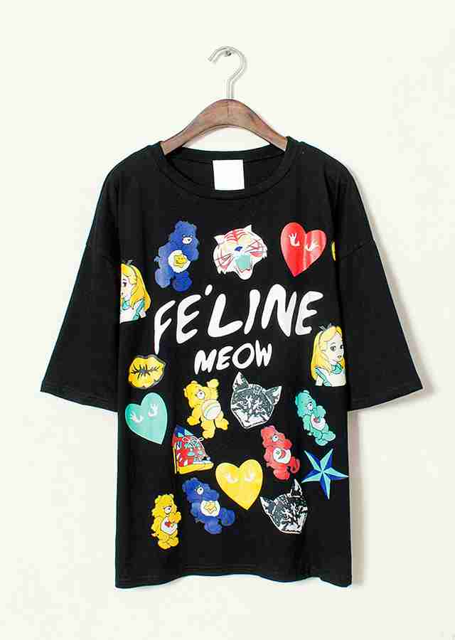 春夏季欧洲站卡通可爱动物头像大码开叉t恤