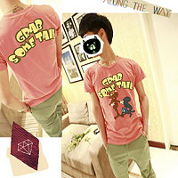 百搭简约字母卡通印花圆领修身短袖t恤男士