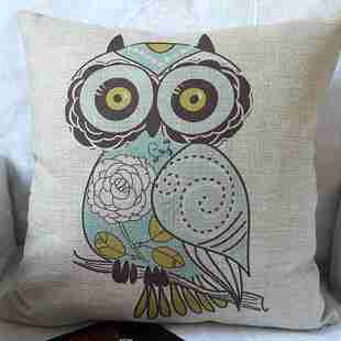 外贸宜家可爱卡通手绘猫头鹰棉麻抱枕靠垫靠枕靠包
