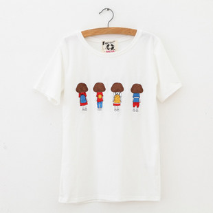戴帽子女孩图案白色卡通纯棉短袖t恤体恤