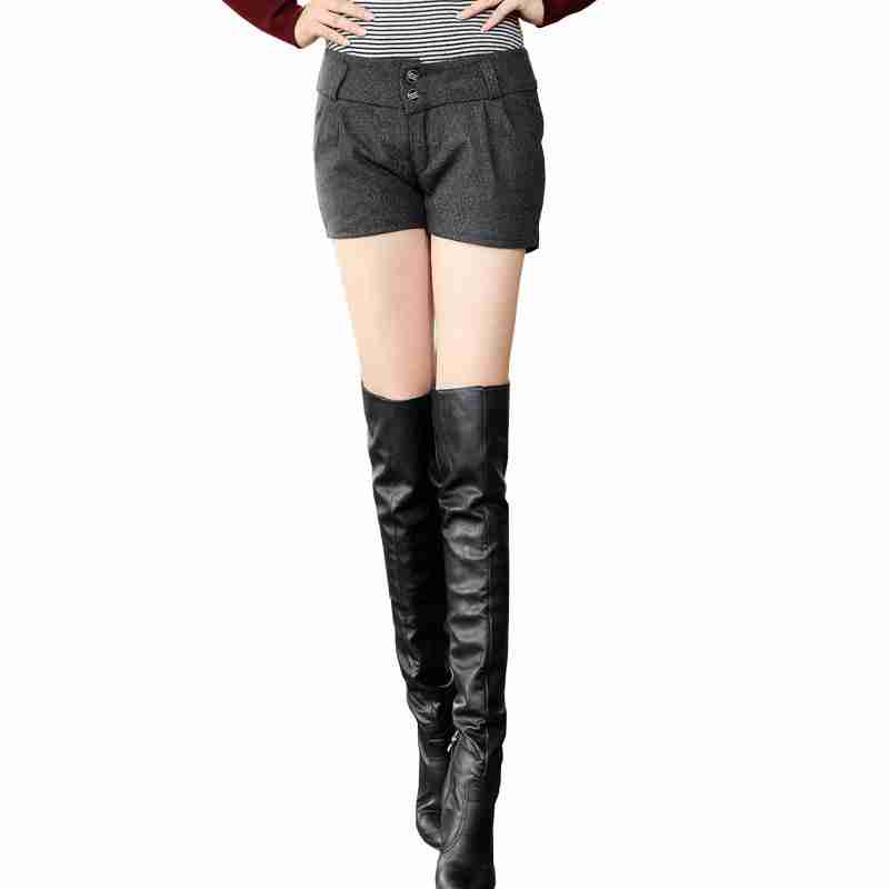 冬日必备侧边拉链呢子高腰短裤黑
