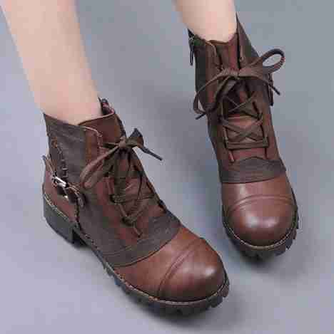 侧拉链系带帅气方跟女