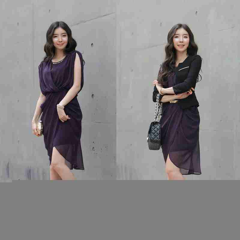 timenj韩国高贵优雅气质无袖无领纯色连衣裙