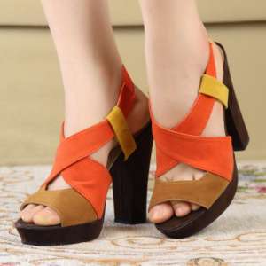 艳曦欧美粗跟凉鞋时尚百搭拼色女鞋