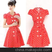 ol优雅甜美气质红色波点收腰