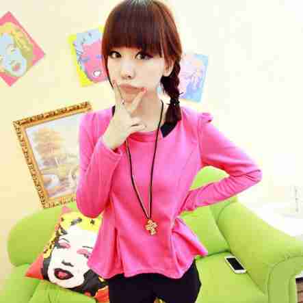 名媛气质泡泡袖圆领拼色t恤