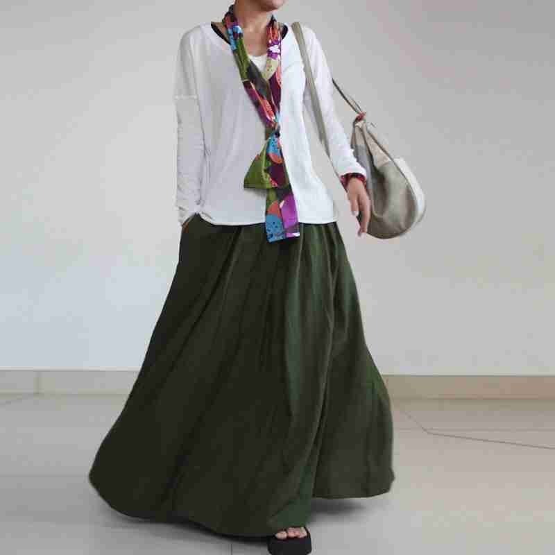 气质的森林绿亚麻大摆长裙