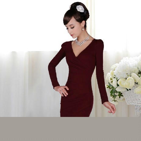 酒红色ol气质v领褶皱修身