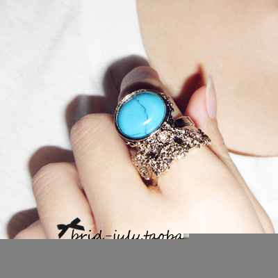 欧美大牌天然绿松石浮雕花复古华丽戒指