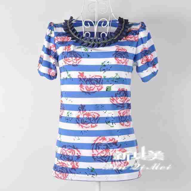 复古优雅蓝白玫瑰花短袖t恤fc