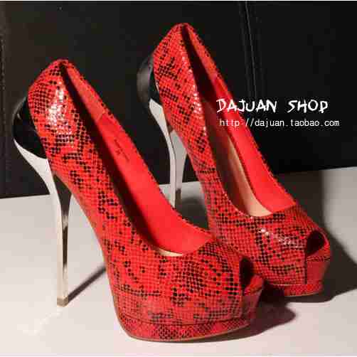 欧美性感蛇纹狂野金属装饰后跟鱼嘴细高跟凉鞋