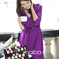 高端气质清新小资紫色七分袖连衣裙