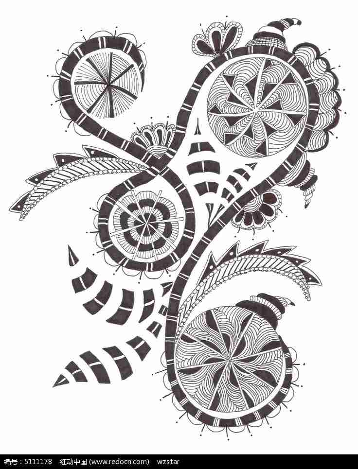 黑白绸带花纹手绘黑白装饰画