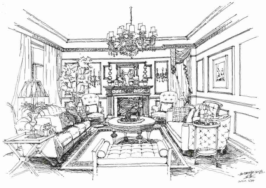 黑白手绘线稿室内渲染与表现