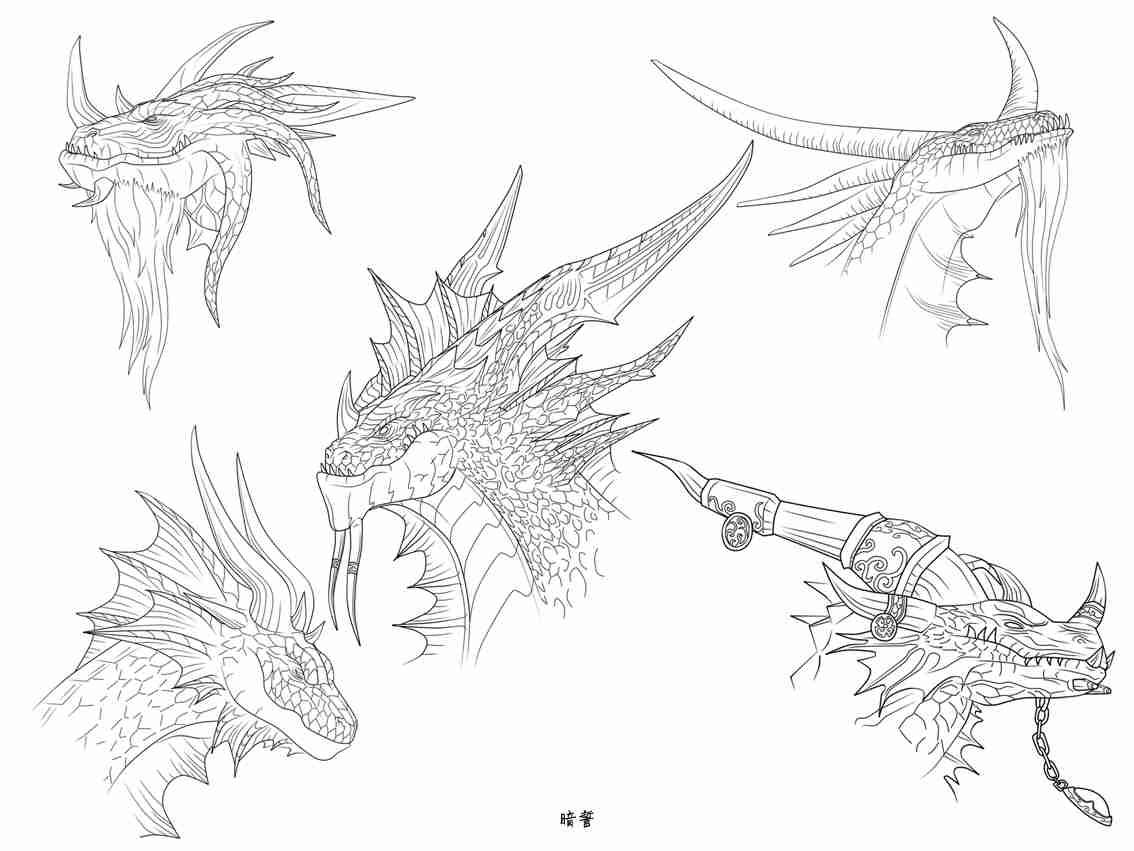 黑白手绘五大守护巨龙