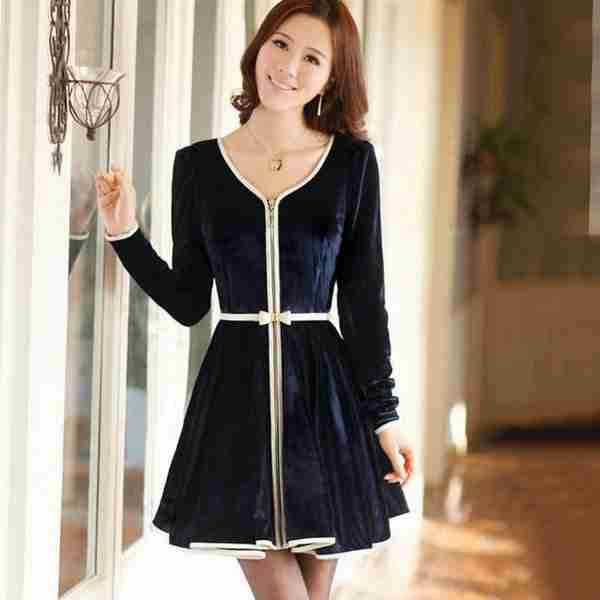 金丝绒长袖连衣裙ol气质