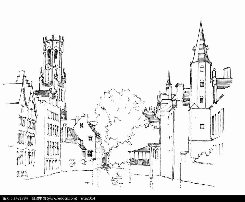 国外街景黑白手绘图