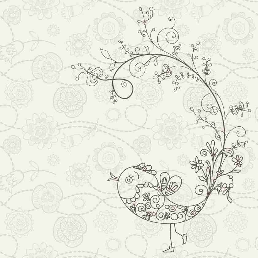黑白小鸟手绘花纹矢量图