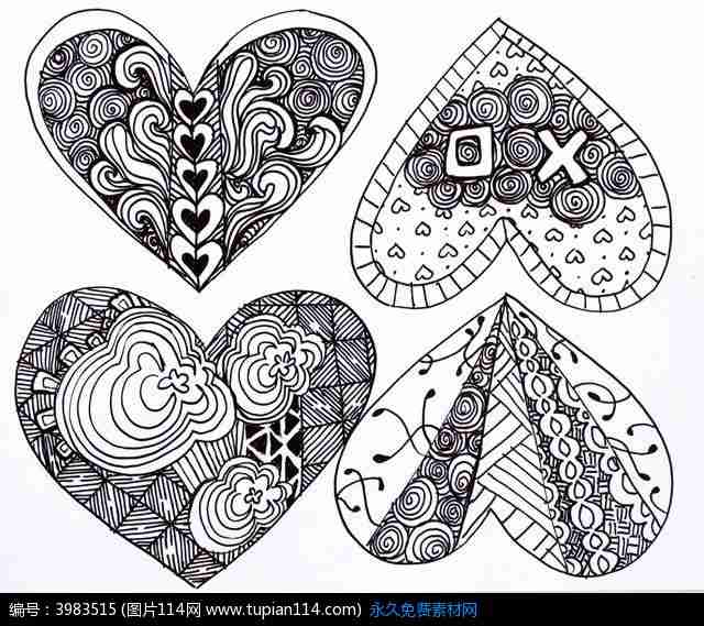 黑白爱心花纹线稿手绘黑白花纹