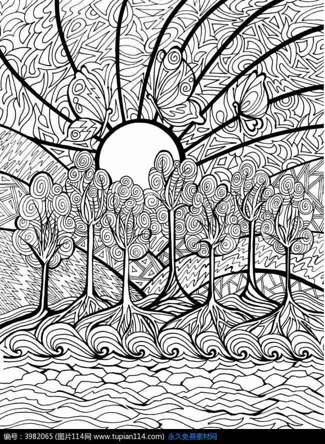 手绘黑白景物画