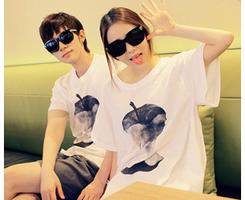 韩国正品情侣装代购被偷吃的苹果黑白印花情侣短袖t