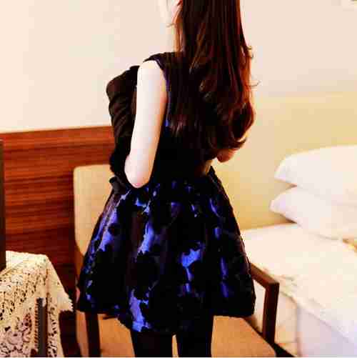 韩国东大门sz代购名媛气质蓝色无袖背心裙蓬蓬连衣裙