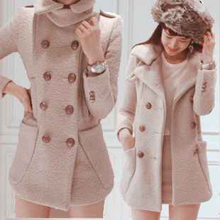 时尚气质双排扣坚领中长毛呢大衣外套