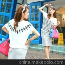 多图蝙蝠衫t恤黑白条纹