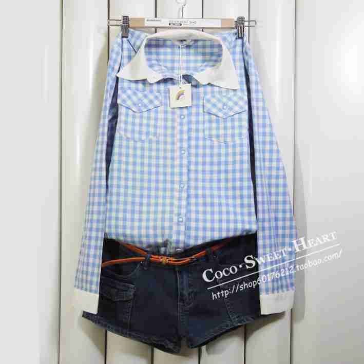 学院风翻领英伦格子衬衫衬衣