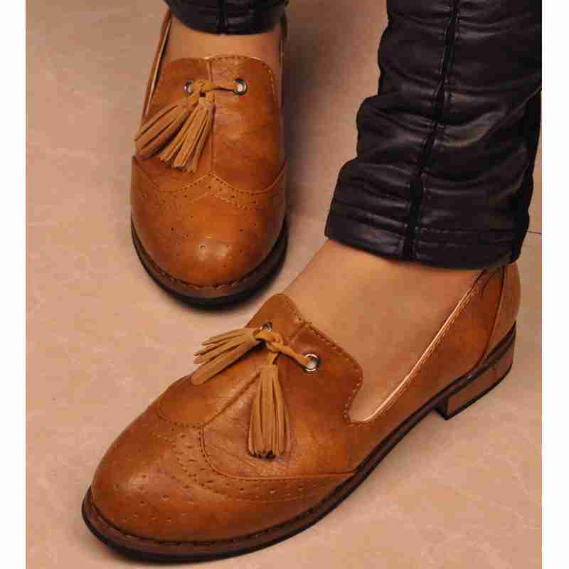 欧美风英伦复古小皮鞋流苏平底布洛克雕花ol单鞋工作