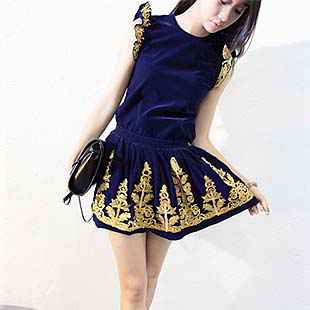 欧美风复古连衣裙高腰裙半身裙套装气质两件套刺绣