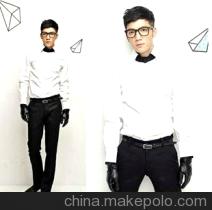 素色黑领镶色男士英伦白色衬衫